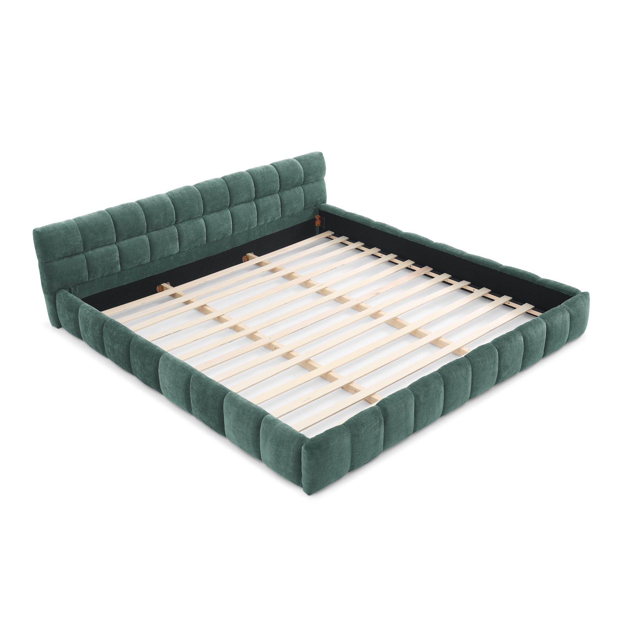 California King size Upholstered Bed Frame with Thick Fabric, Chenille Fabric Grounded Queen Size Platform Bed with Headboard and Solid Frame. No Box Spring Needed-Blue Green-(90.5''*80.5''*31'')