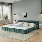 California King size Upholstered Bed Frame with Thick Fabric, Chenille Fabric Grounded Queen Size Platform Bed with Headboard and Solid Frame. No Box Spring Needed-Blue Green-(90.5''*80.5''*31'')