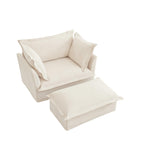 Luxury Cream Chenille Armchair With Wide Ottoman Set.