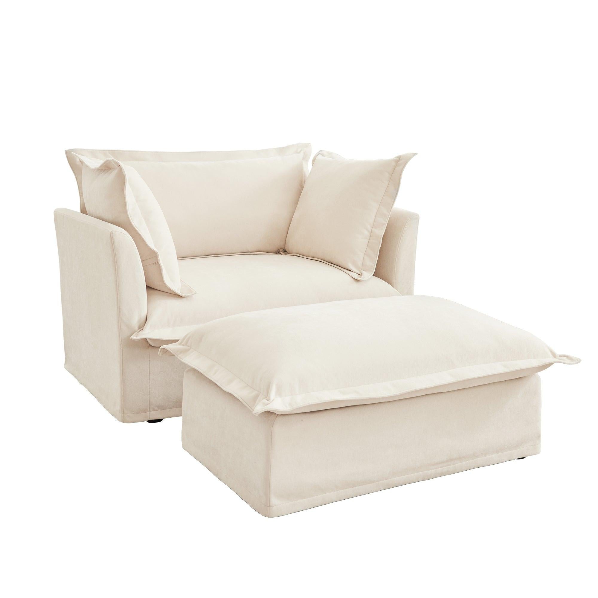 Luxury Cream Chenille Armchair With Wide Ottoman Set.