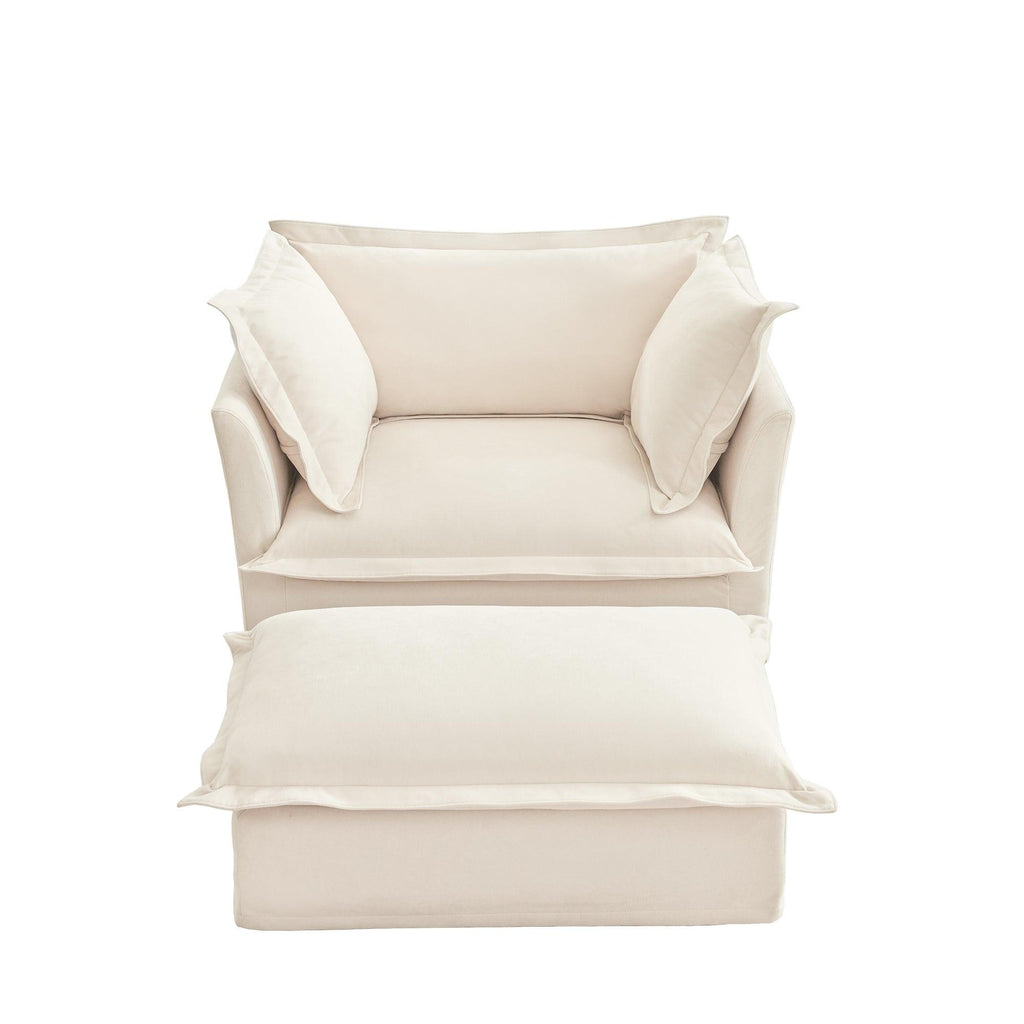 Luxury Cream Chenille Armchair With Wide Ottoman Set.