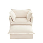 Luxury Cream Chenille Armchair With Wide Ottoman Set.