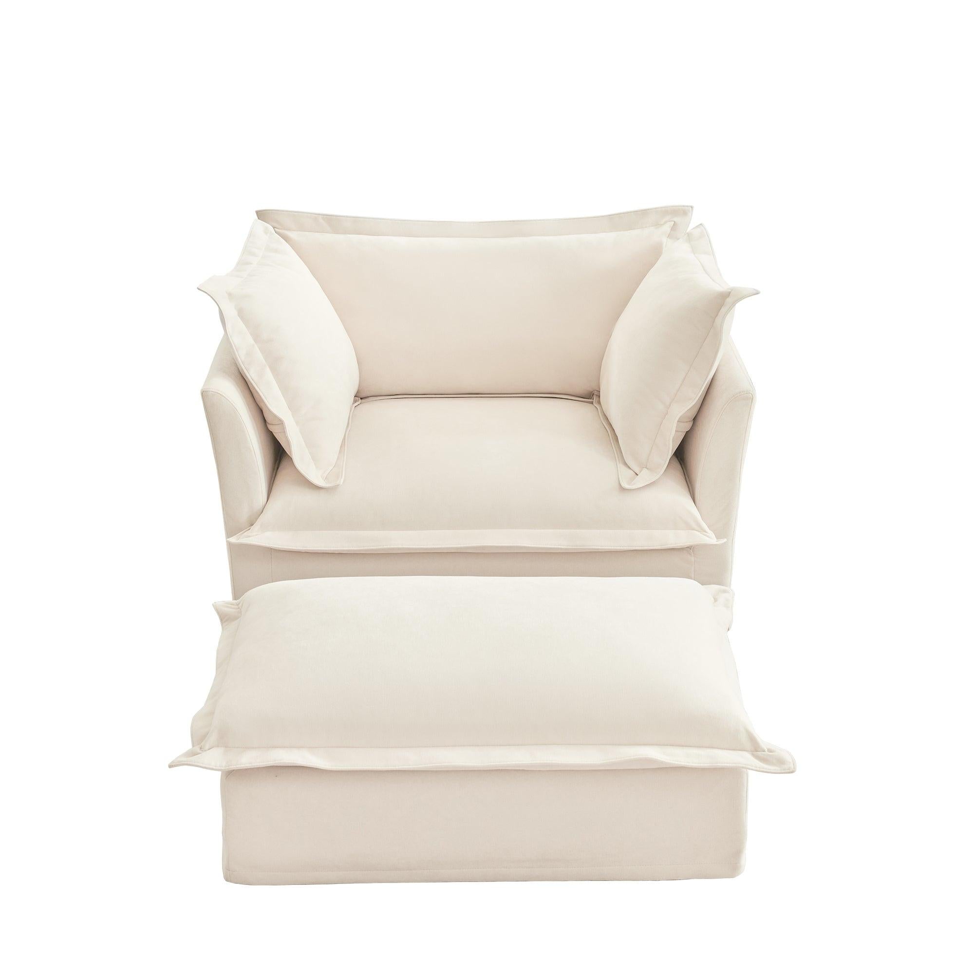 Luxury Cream Chenille Armchair With Wide Ottoman Set.