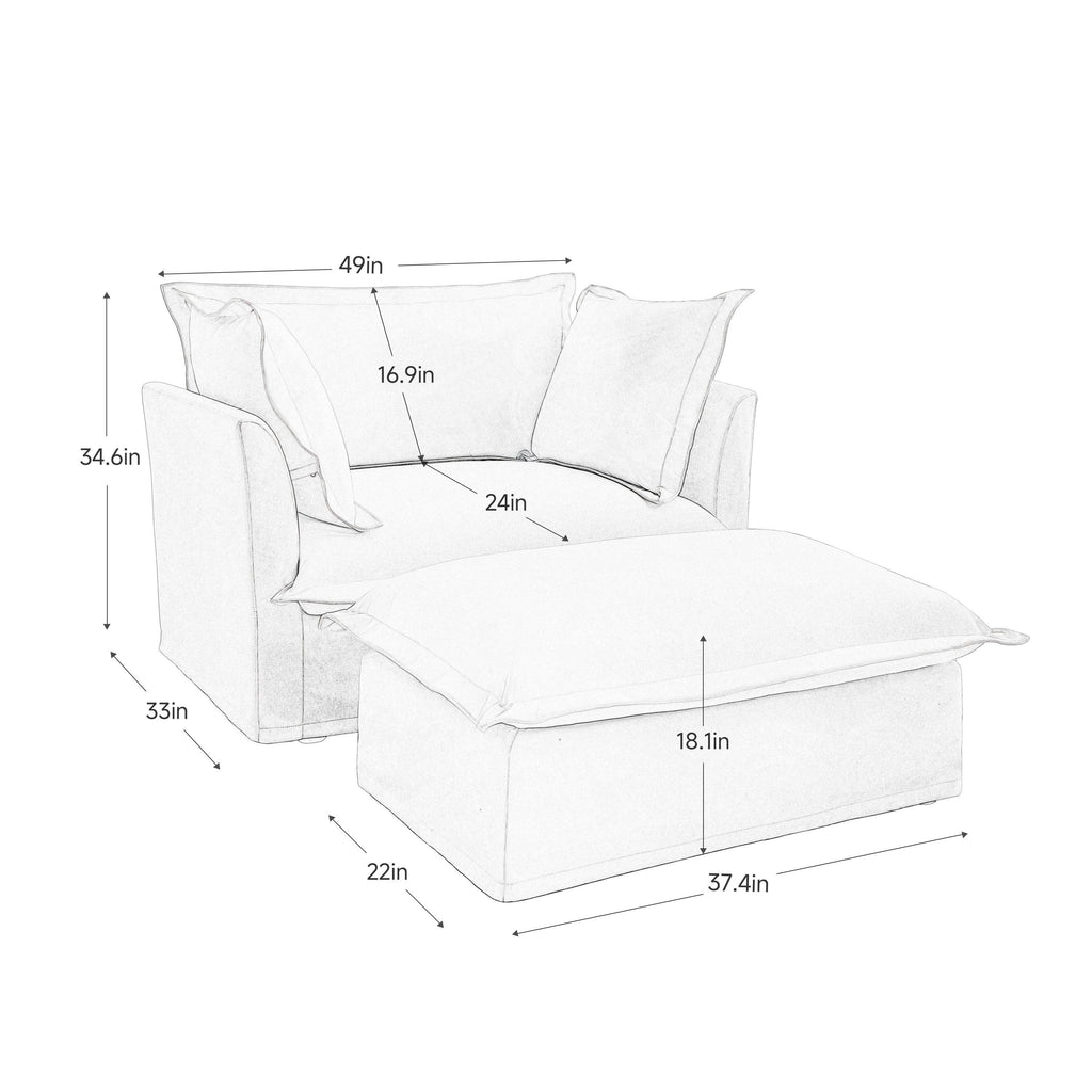 Luxury Cream Chenille Armchair With Wide Ottoman Set.
