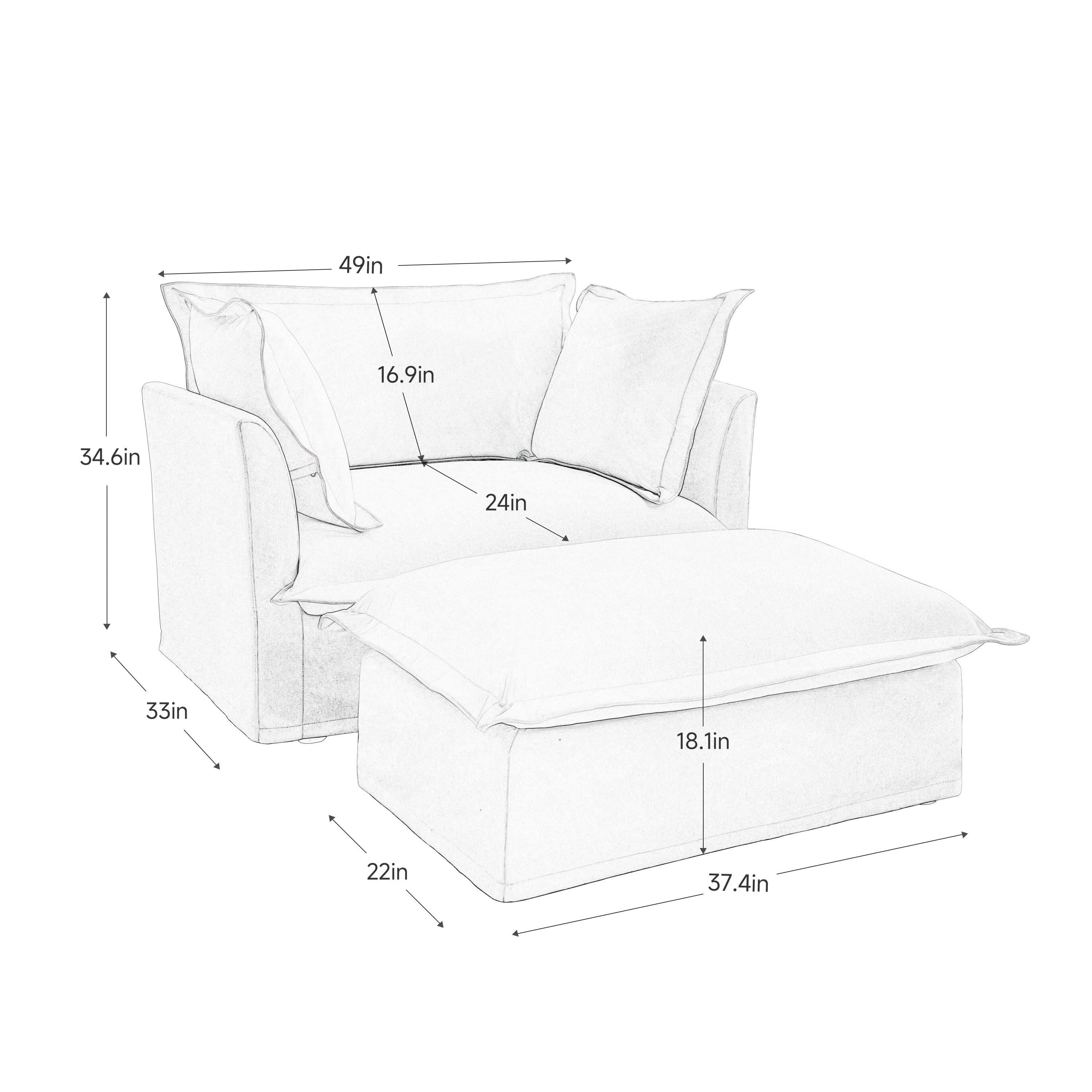 Luxury Cream Chenille Armchair With Wide Ottoman Set.