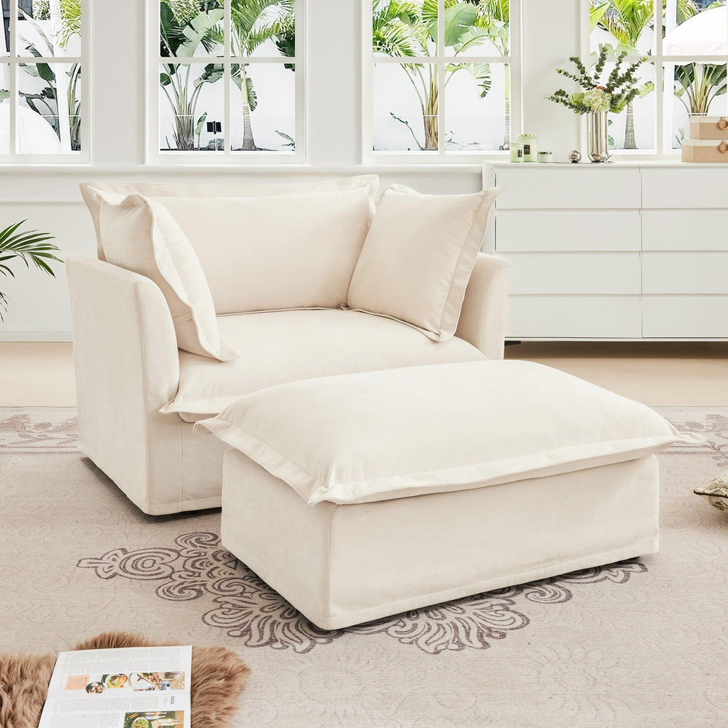 Luxury Cream Chenille Armchair With Wide Ottoman Set.