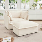 Luxury Cream Chenille Armchair With Wide Ottoman Set.