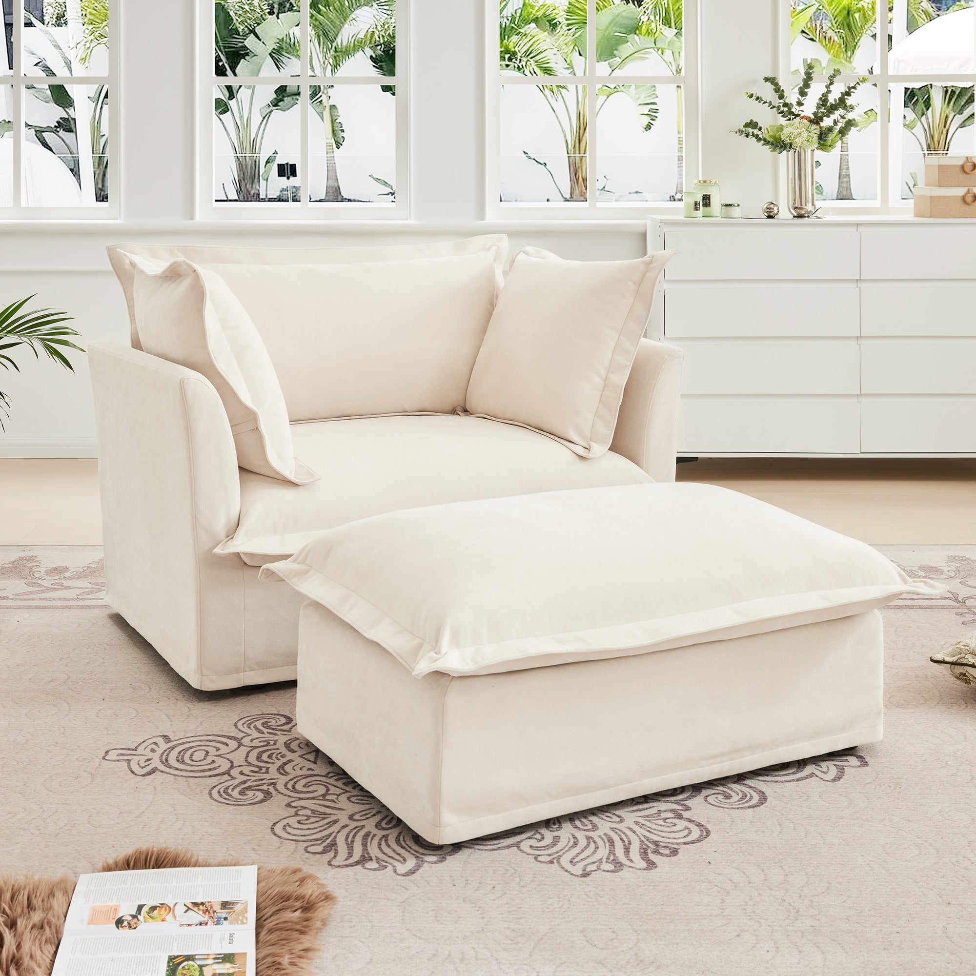 Upholstered Slipcovered Armchair with Ottoman, Deep Seat Armchair W/ Wide Ottoman for Living Room, Armchair Sets with Large Soft Pillows(Set of 2),Chenille Fabric,Cream