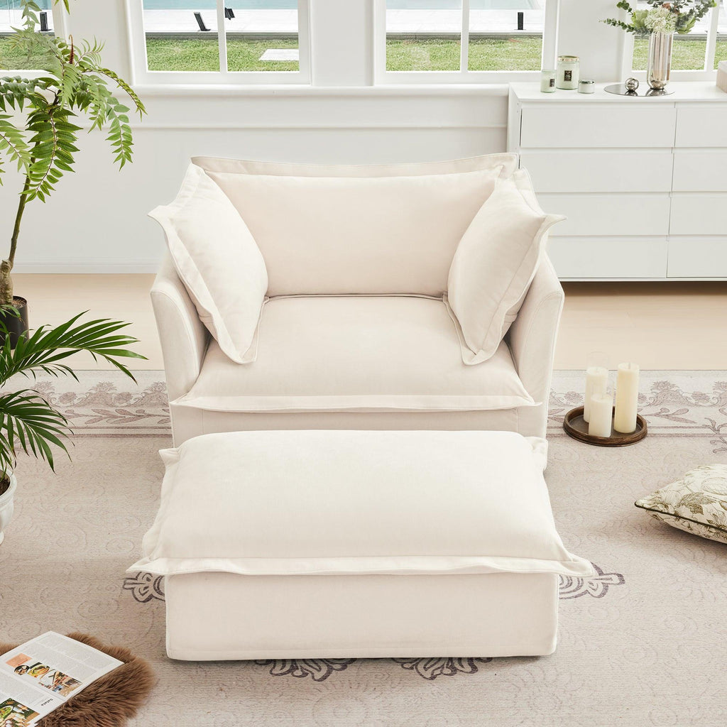 Luxury Cream Chenille Armchair With Wide Ottoman Set.