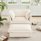 Luxury Cream Chenille Armchair With Wide Ottoman Set.