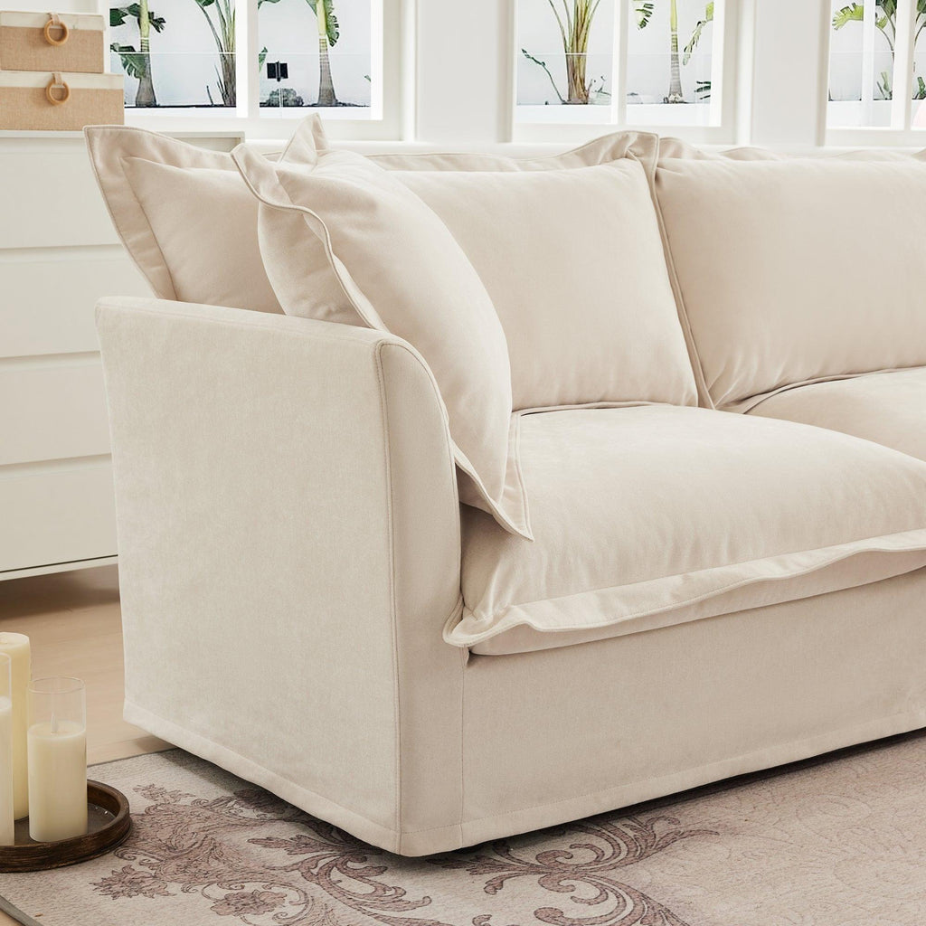 Luxury Cream Chenille Armchair With Wide Ottoman Set.