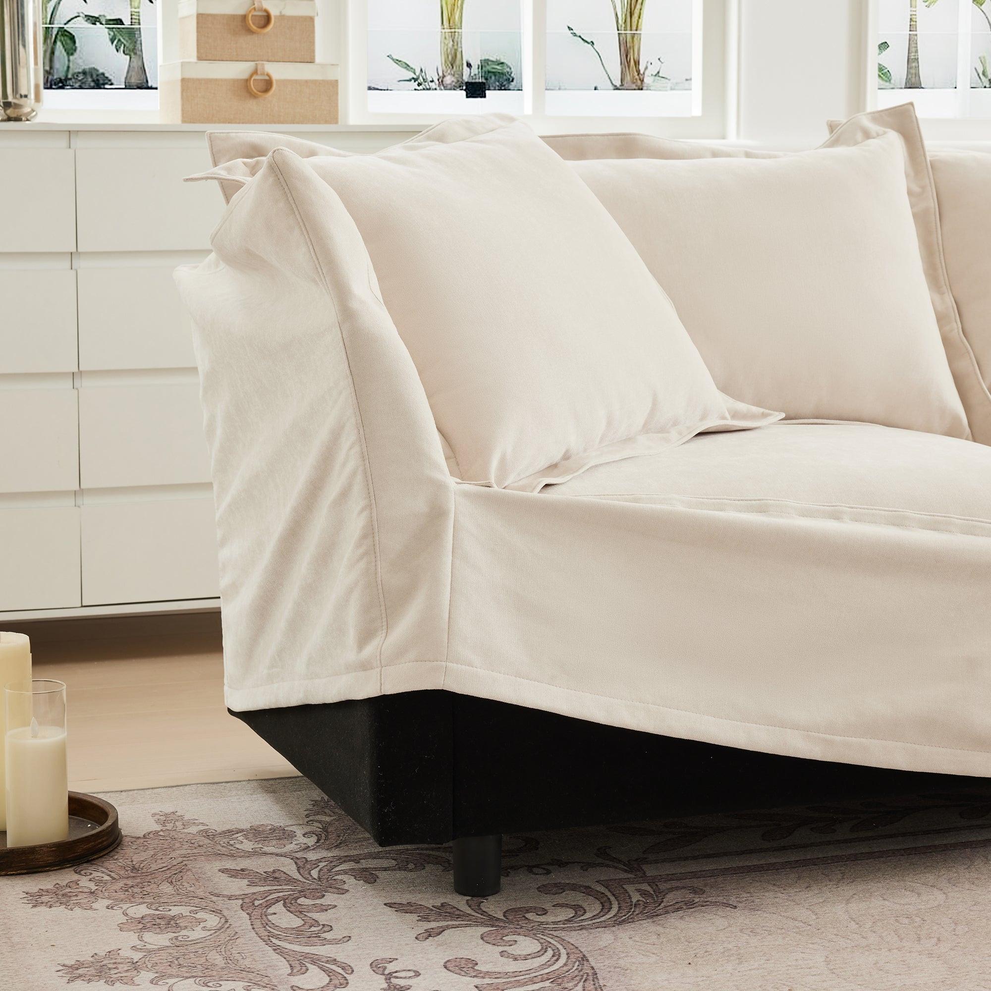 Luxury Cream Chenille Armchair With Wide Ottoman Set.
