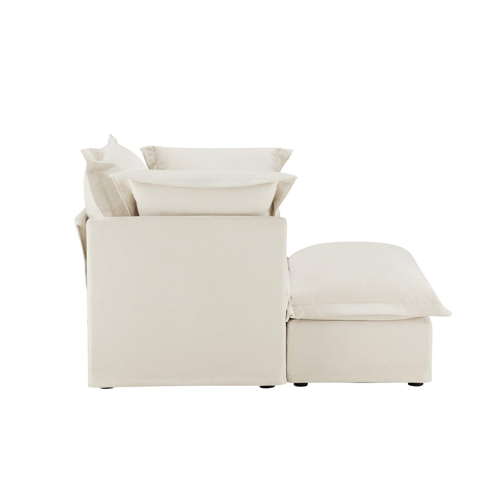Luxury Cream Chenille Armchair With Wide Ottoman Set.