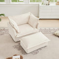Luxury Cream Chenille Armchair With Wide Ottoman Set.