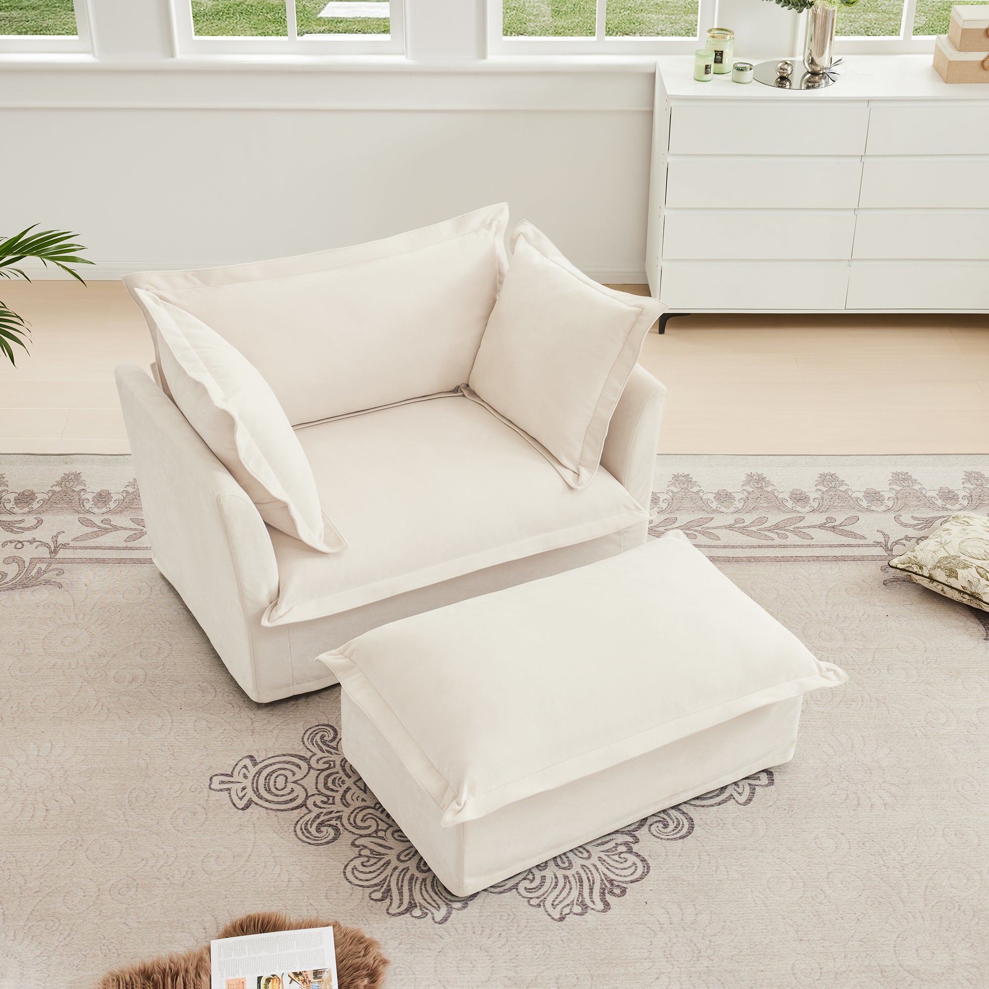 Upholstered Slipcovered Armchair with Ottoman, Deep Seat Armchair W/ Wide Ottoman for Living Room, Armchair Sets with Large Soft Pillows(Set of 2),Chenille Fabric,Cream