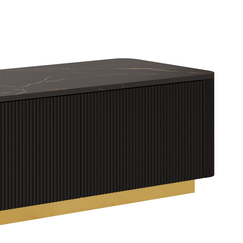 ON-TREND Luxury Fluted TV Stand for TVs Up to 85', Faux Marble Tabletop Media Console with 4 Drawers, Curved Profile Design, Modern Entertainment Center with Gold Base for Living Room, Black