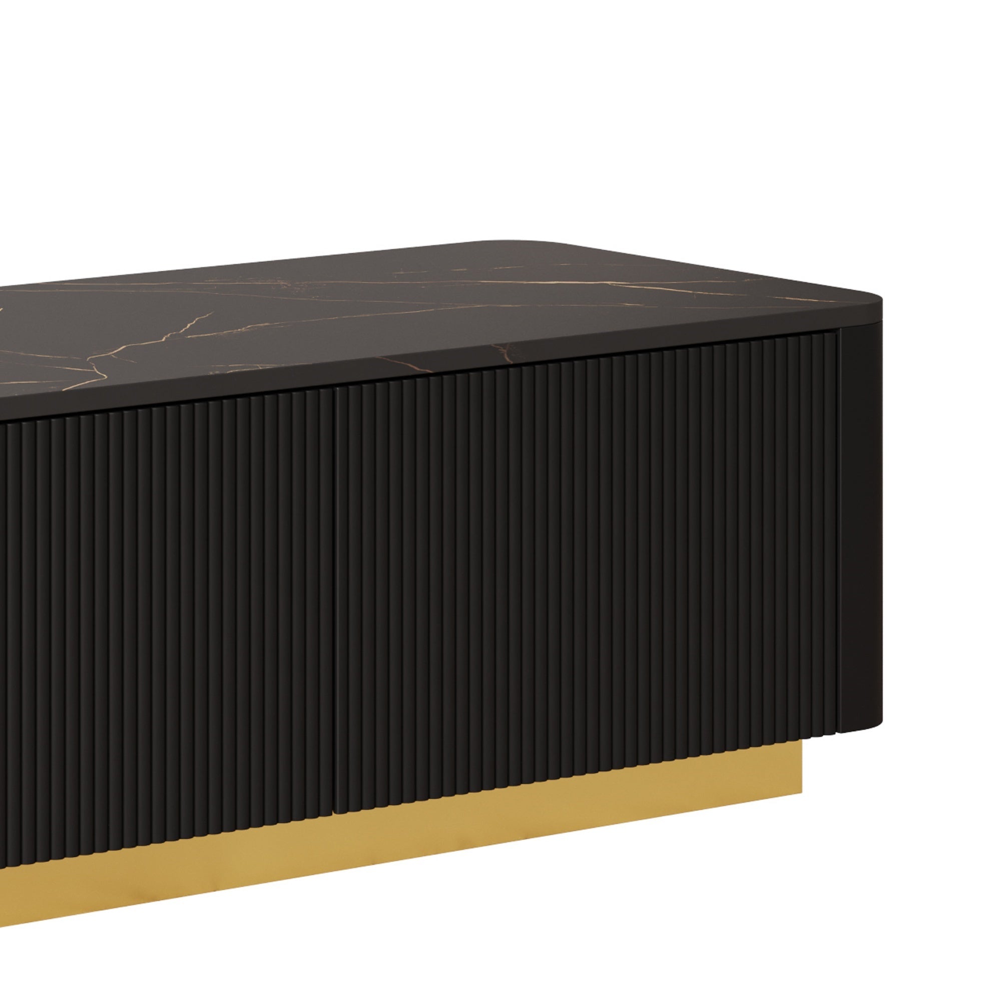 ON-TREND Luxury Fluted TV Stand for TVs Up to 85', Faux Marble Tabletop Media Console with 4 Drawers, Curved Profile Design, Modern Entertainment Center with Gold Base for Living Room, Black