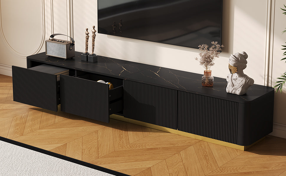 ON-TREND Luxury Fluted TV Stand for TVs Up to 85', Faux Marble Tabletop Media Console with 4 Drawers, Curved Profile Design, Modern Entertainment Center with Gold Base for Living Room, Black