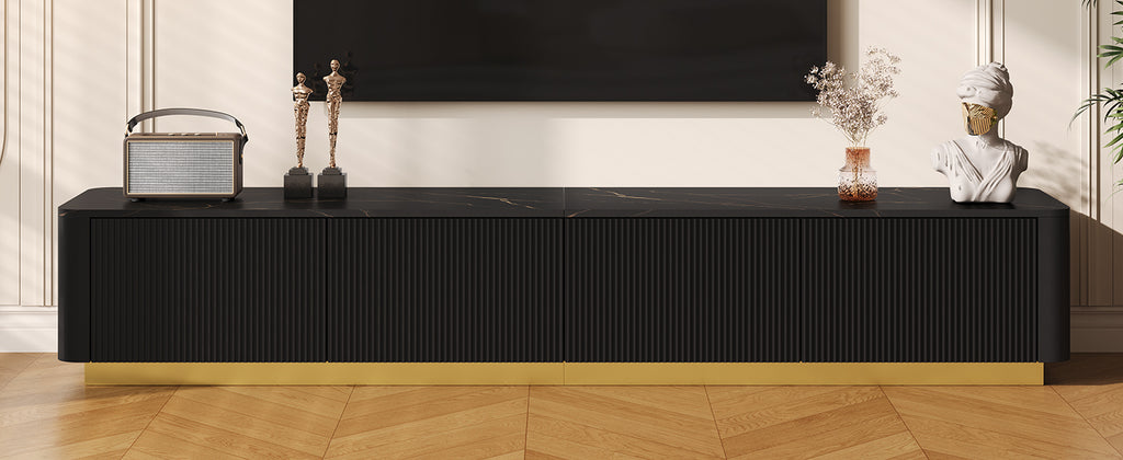 ON-TREND Luxury Fluted TV Stand for TVs Up to 85', Faux Marble Tabletop Media Console with 4 Drawers, Curved Profile Design, Modern Entertainment Center with Gold Base for Living Room, Black