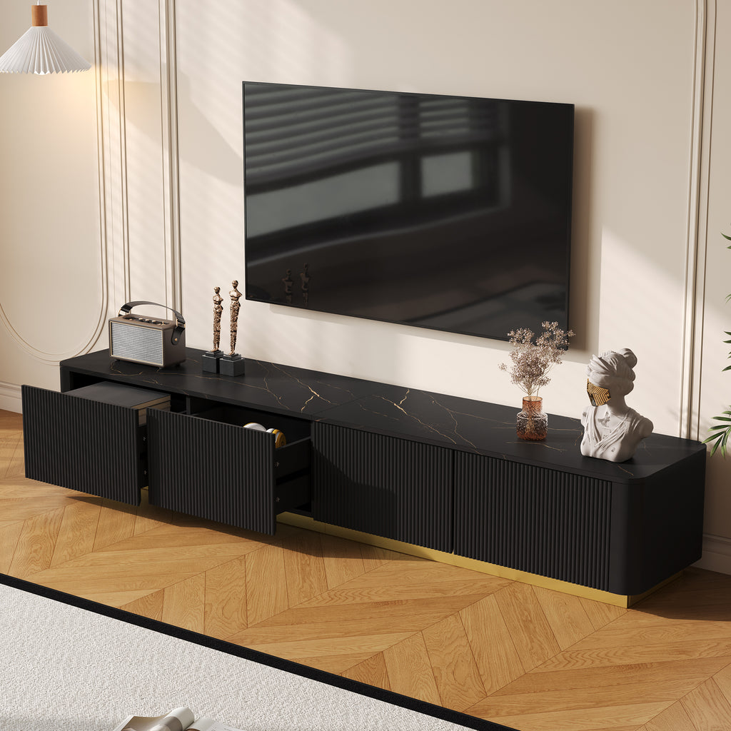 ON-TREND Luxury Fluted TV Stand for TVs Up to 85', Faux Marble Tabletop Media Console with 4 Drawers, Curved Profile Design, Modern Entertainment Center with Gold Base for Living Room, Black