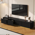 ON-TREND Luxury Fluted TV Stand for TVs Up to 85', Faux Marble Tabletop Media Console with 4 Drawers, Curved Profile Design, Modern Entertainment Center with Gold Base for Living Room, Black