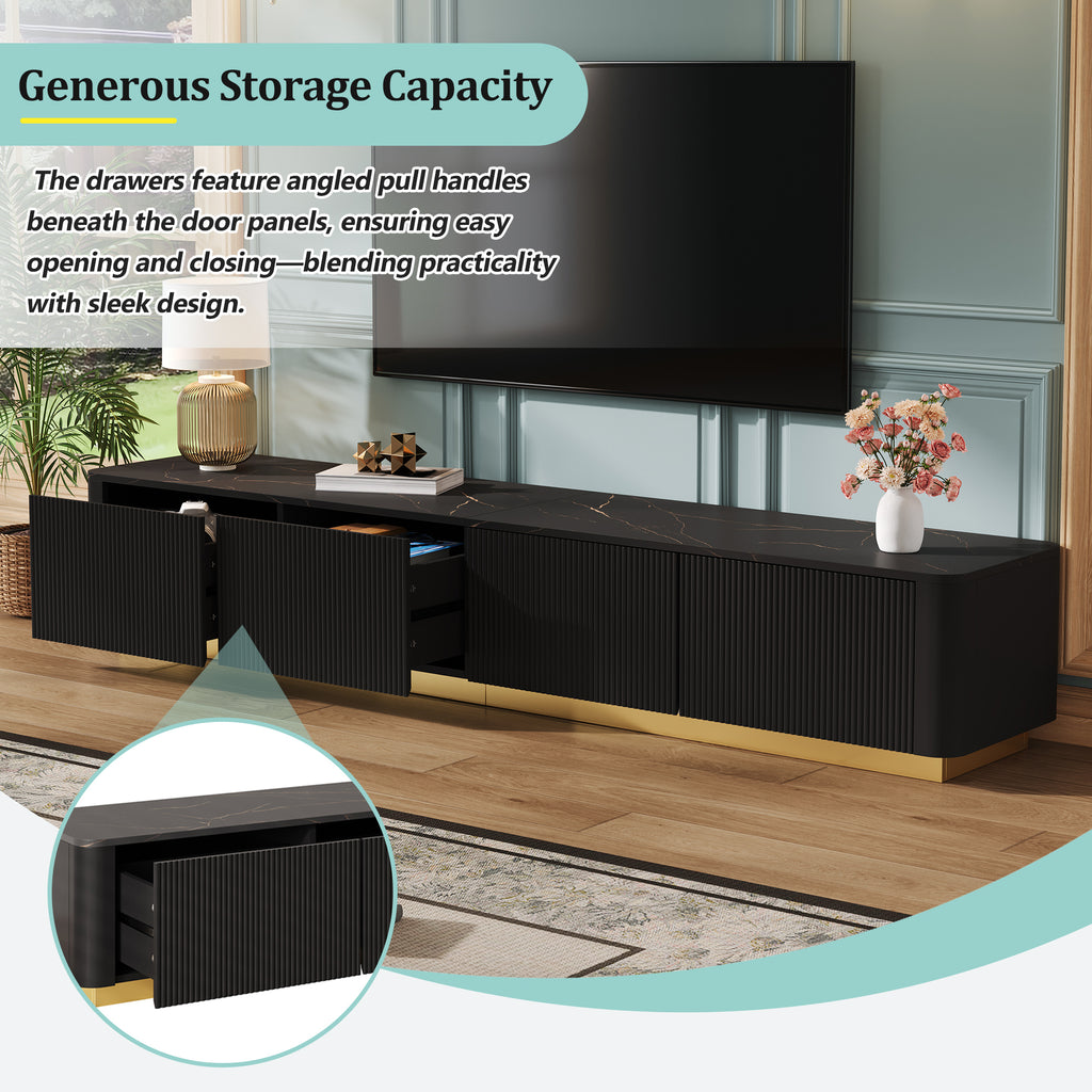 ON-TREND Luxury Fluted TV Stand for TVs Up to 85', Faux Marble Tabletop Media Console with 4 Drawers, Curved Profile Design, Modern Entertainment Center with Gold Base for Living Room, Black
