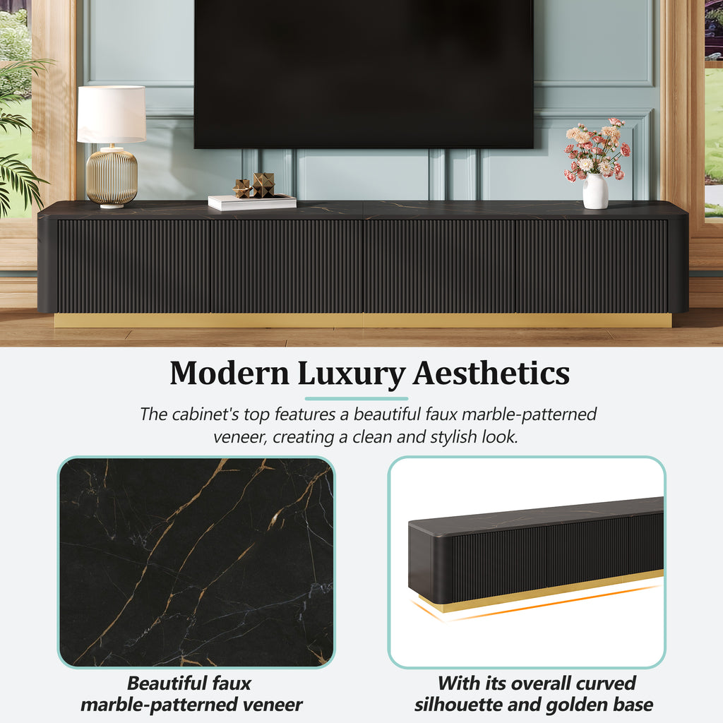 ON-TREND Luxury Fluted TV Stand for TVs Up to 85', Faux Marble Tabletop Media Console with 4 Drawers, Curved Profile Design, Modern Entertainment Center with Gold Base for Living Room, Black