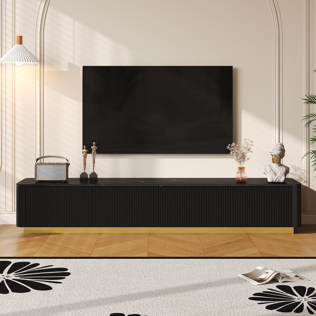 ON-TREND Luxury Fluted TV Stand for TVs Up to 85', Faux Marble Tabletop Media Console with 4 Drawers, Curved Profile Design, Modern Entertainment Center with Gold Base for Living Room, Black