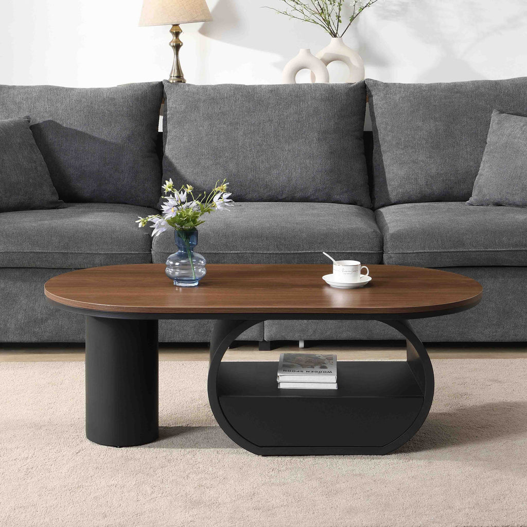Luxury Industrial Oval Coffee Table, 47.24'' Coffee Table with Storage Drawer, Black Metal Center Table for Living Room