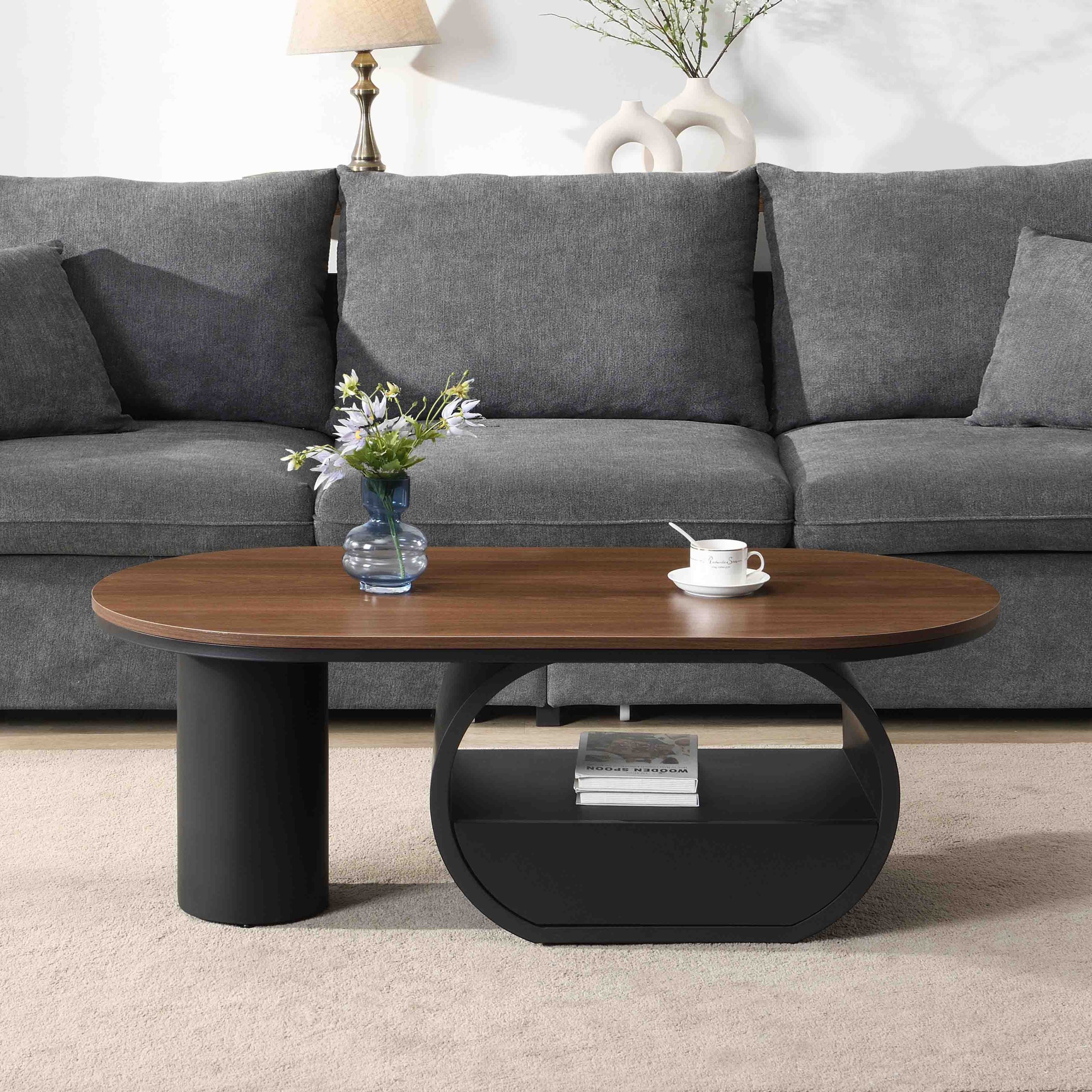 Luxury Industrial Oval Coffee Table, 47.24'' Coffee Table with Storage Drawer, Black Metal Center Table for Living Room