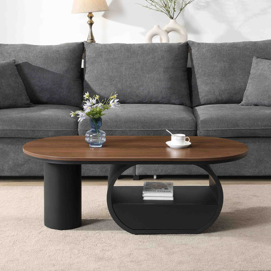 Luxury Industrial Oval Coffee Table, 47.24'' Coffee Table with Storage Drawer, Black Metal Center Table for Living Room