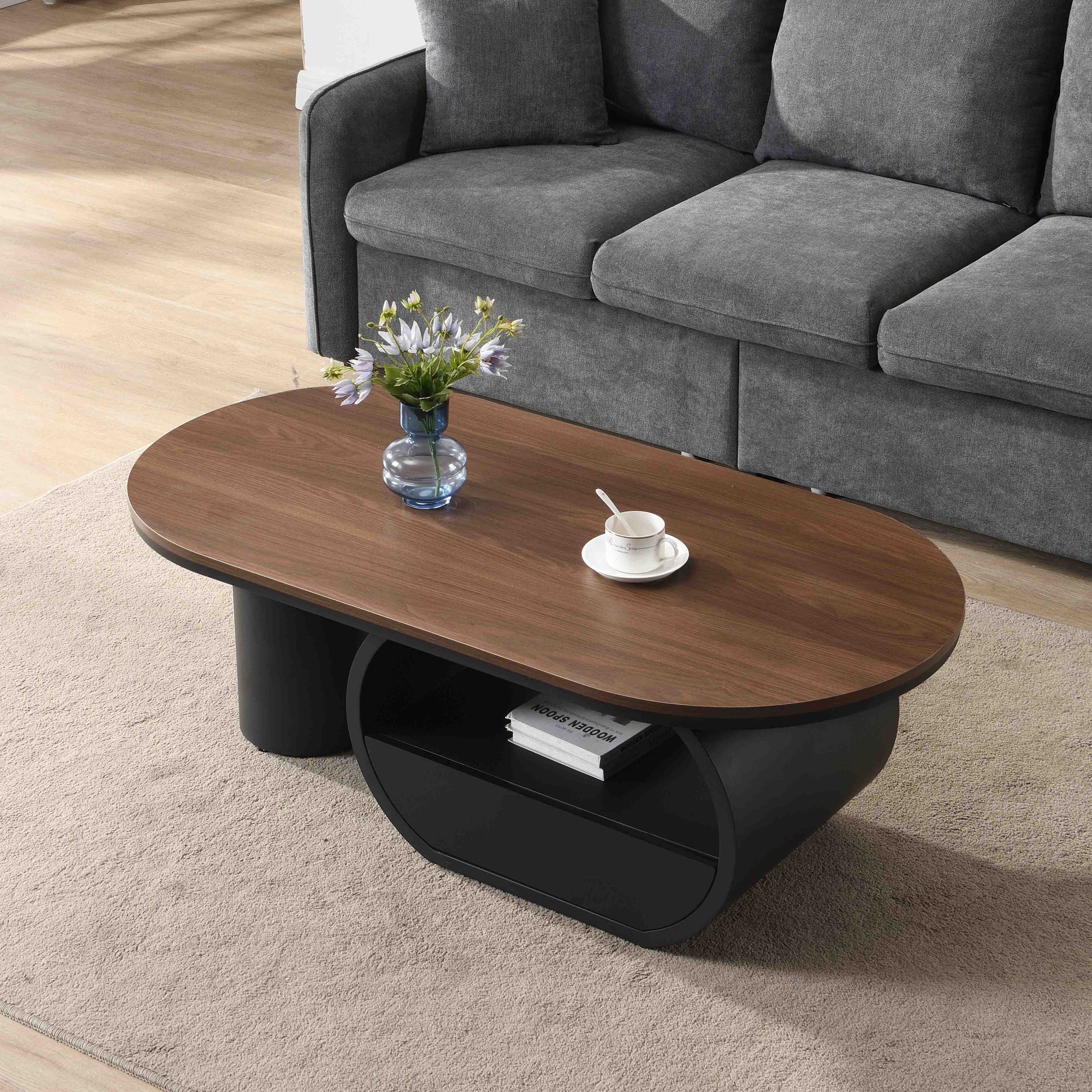 Luxury Industrial Oval Coffee Table, 47.24'' Coffee Table with Storage Drawer, Black Metal Center Table for Living Room