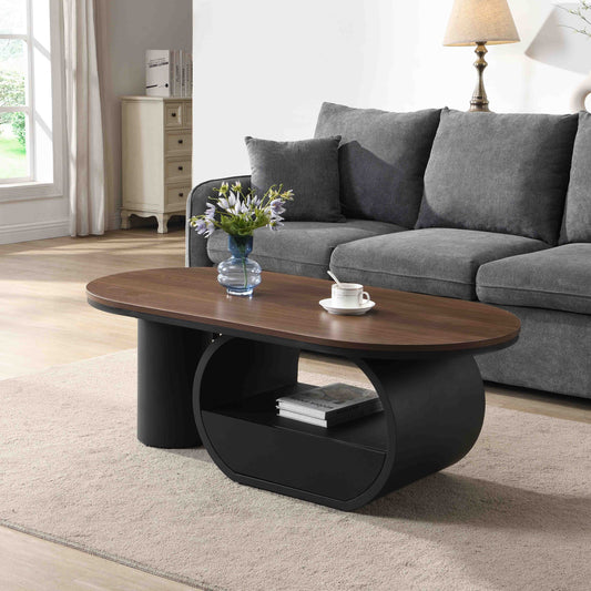 Luxury Industrial Oval Coffee Table, 47.24'' Coffee Table with Storage Drawer, Black Metal Center Table for Living Room