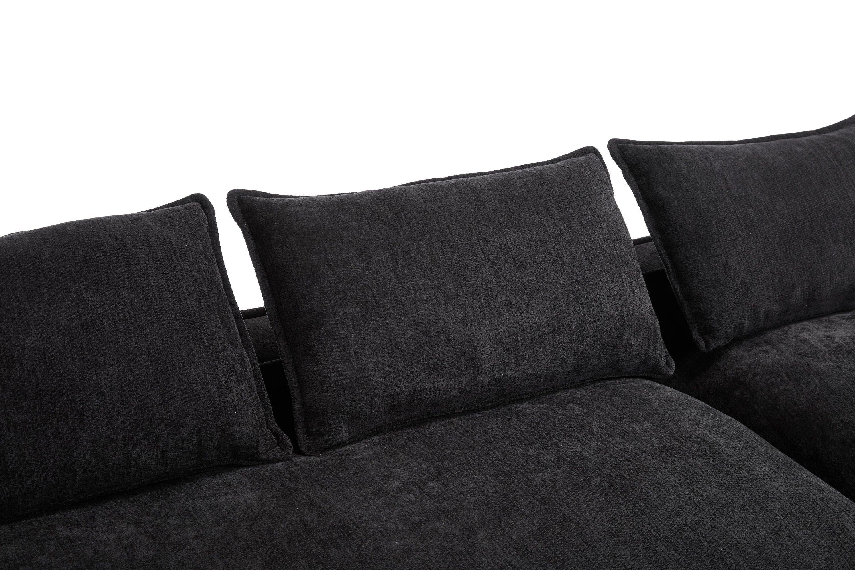 Luxury Minimalist Black Fabric Sectional Sofa with Chaise.