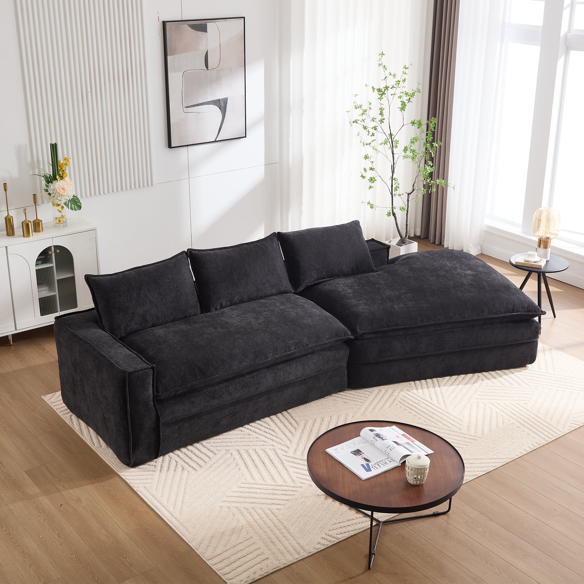 Modern Minimalist Modular Sectional Sofa with Deep Seats and Right Facing Chaise, Black Upholstered Fabric