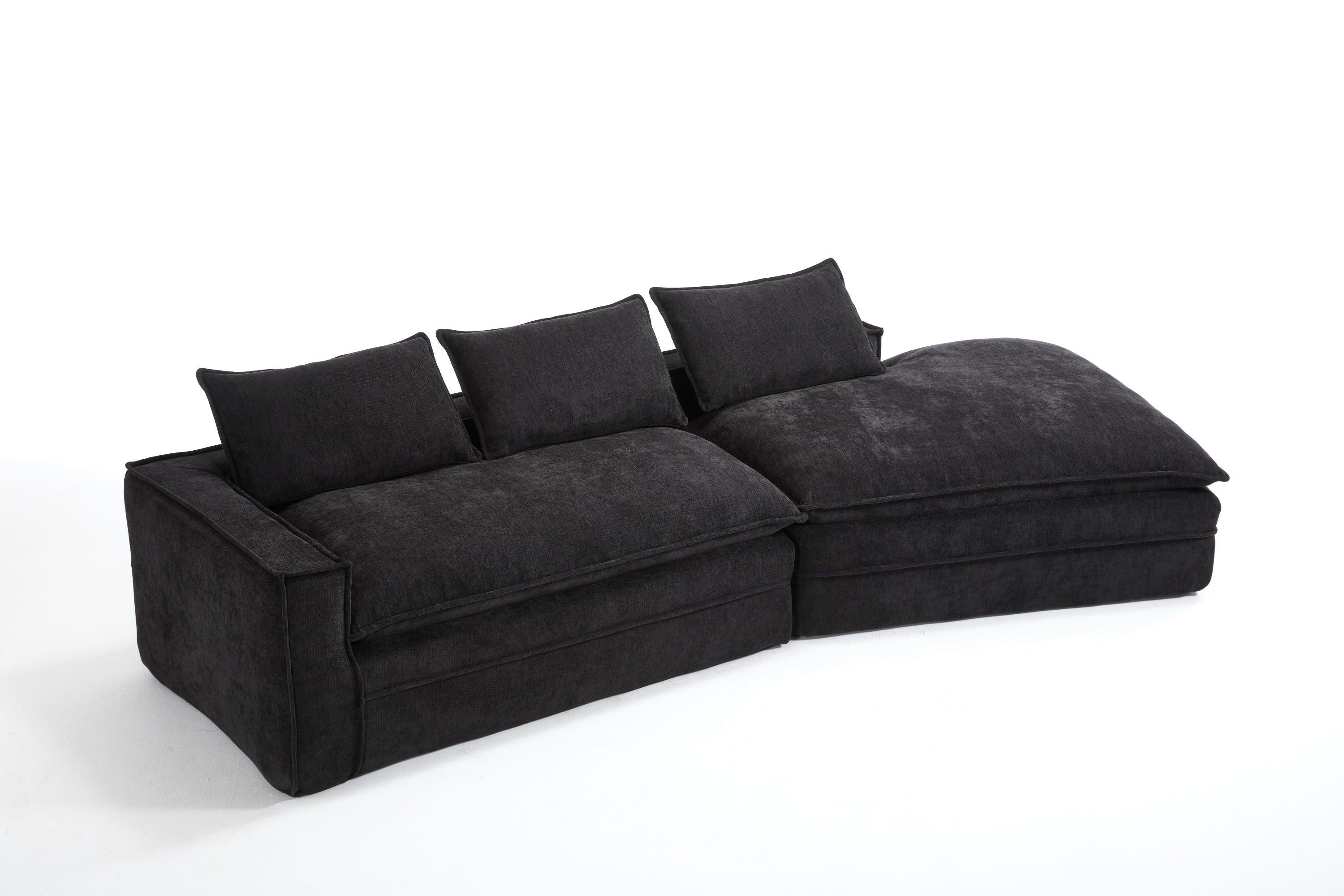 Modern Minimalist Modular Sectional Sofa with Deep Seats and Right Facing Chaise, Black Upholstered Fabric