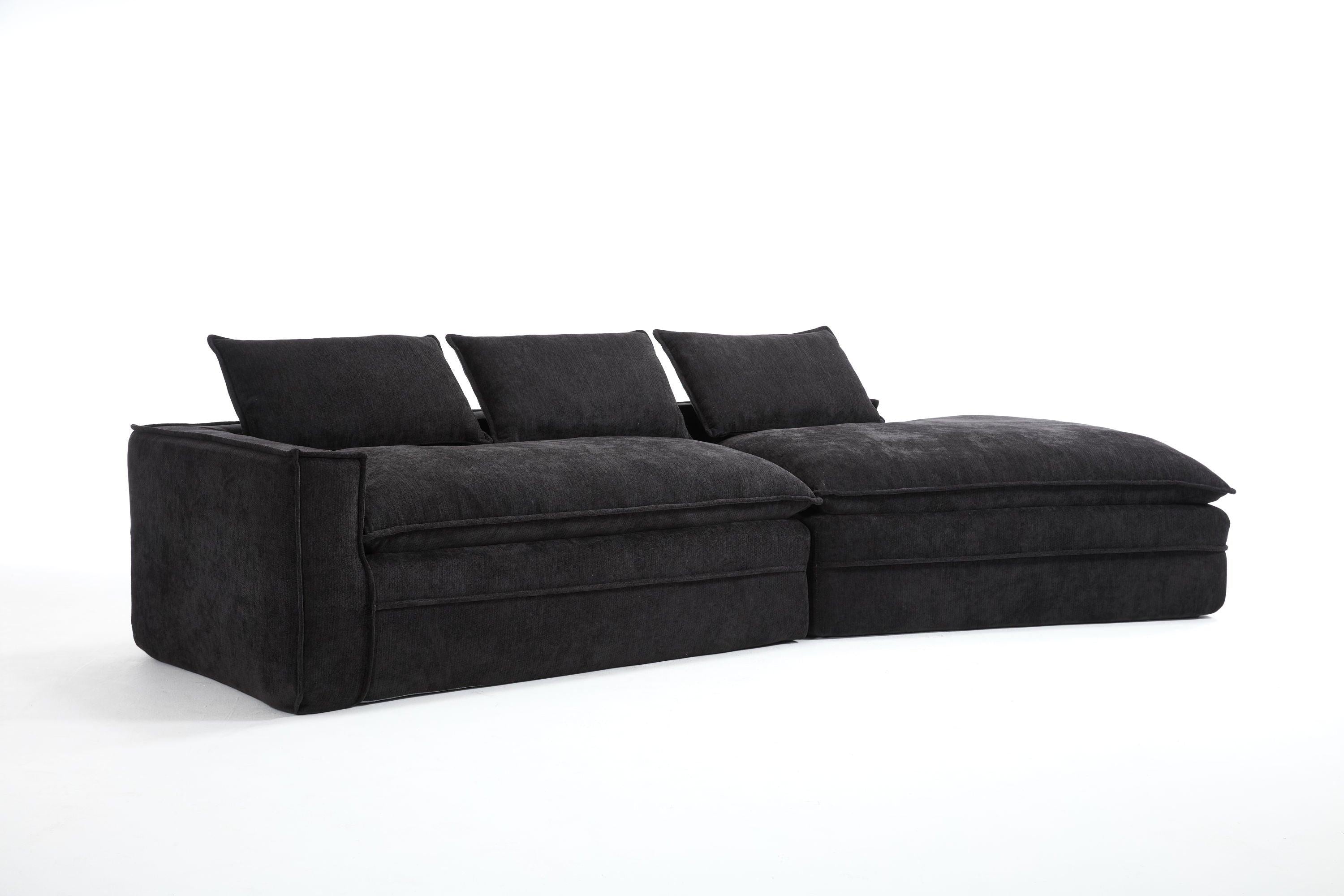 Modern Minimalist Modular Sectional Sofa with Deep Seats and Right Facing Chaise, Black Upholstered Fabric