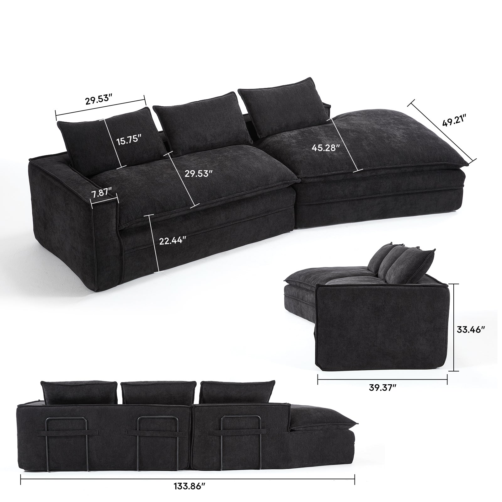 Modern Minimalist Modular Sectional Sofa with Deep Seats and Right Facing Chaise, Black Upholstered Fabric