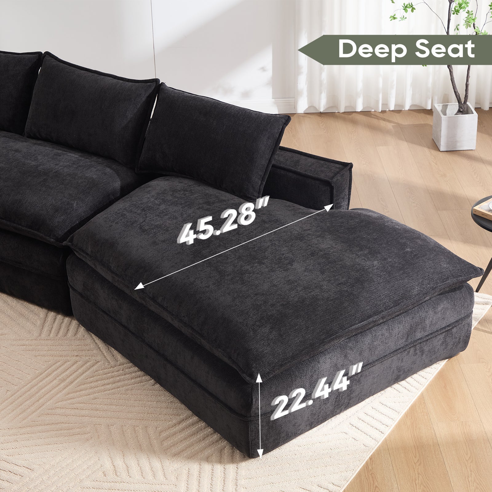 Modern Minimalist Modular Sectional Sofa with Deep Seats and Right Facing Chaise, Black Upholstered Fabric