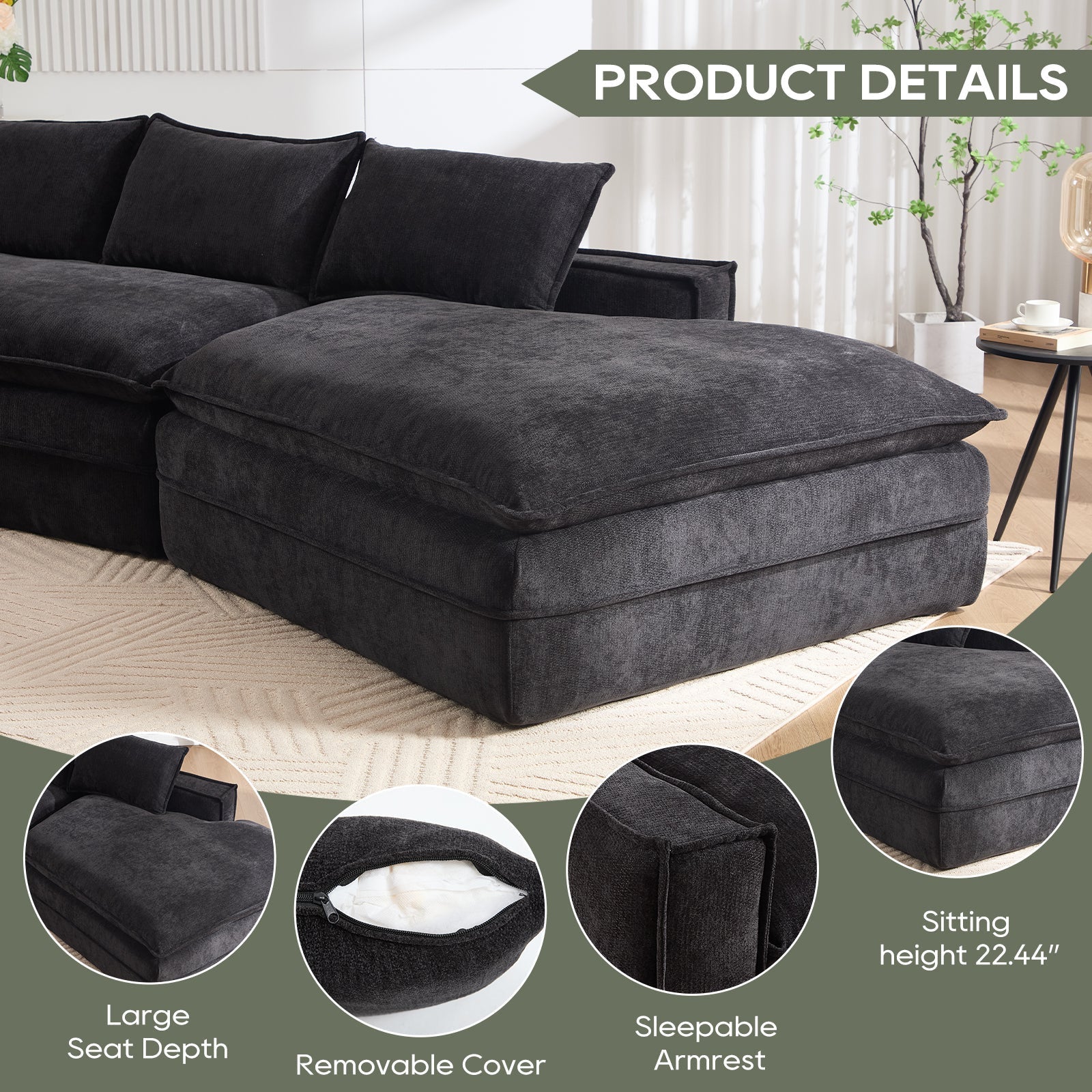 Modern Minimalist Modular Sectional Sofa with Deep Seats and Right Facing Chaise, Black Upholstered Fabric