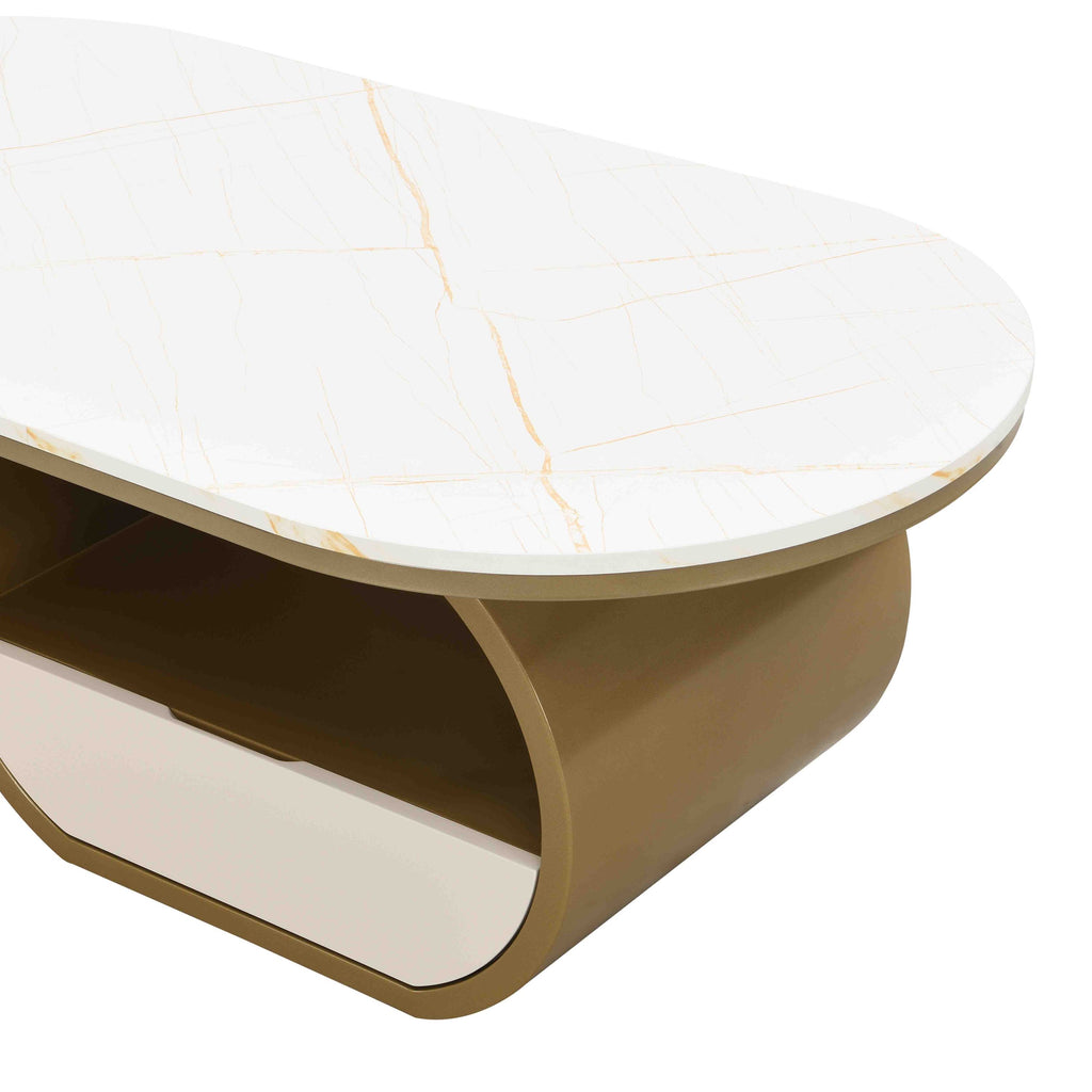 Luxury Modern Oval Coffee Table, 47.24'' Coffee Table with Storage Drawer, Faux Marble Top, Golden Metal Center Table for Living Room