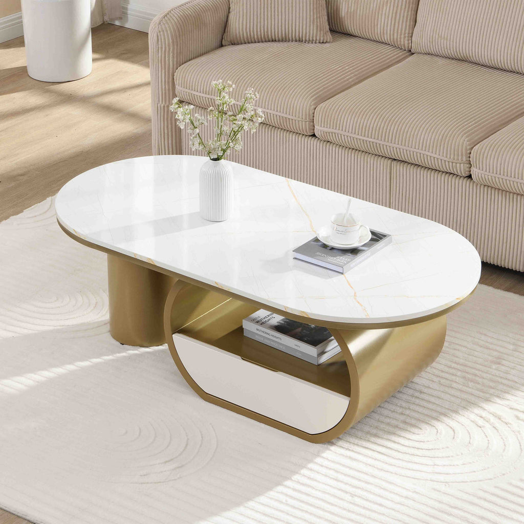 Luxury Modern Oval Coffee Table, 47.24'' Coffee Table with Storage Drawer, Faux Marble Top, Golden Metal Center Table for Living Room