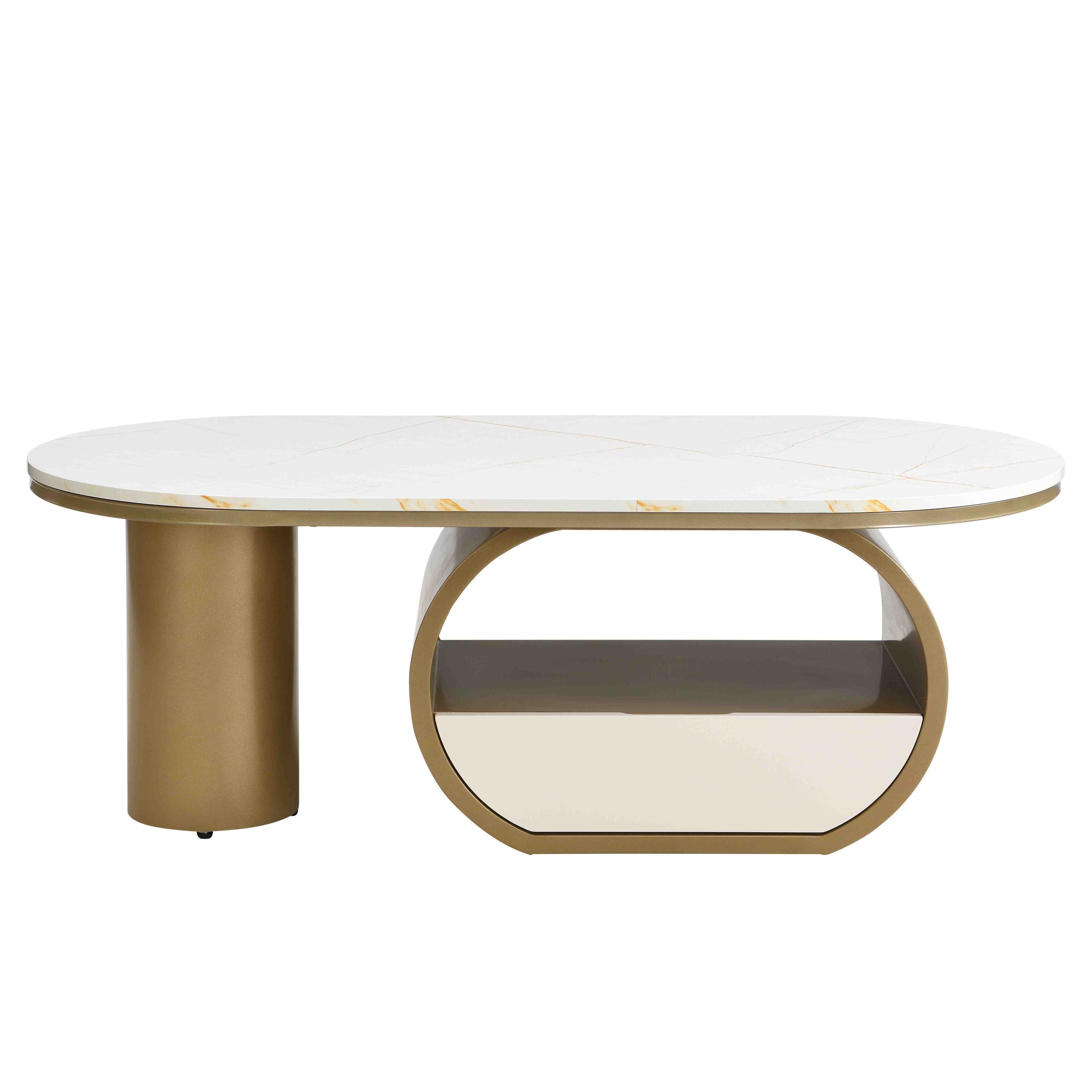 Luxury Modern Oval Coffee Table, 47.24'' Coffee Table with Storage Drawer, Faux Marble Top, Golden Metal Center Table for Living Room