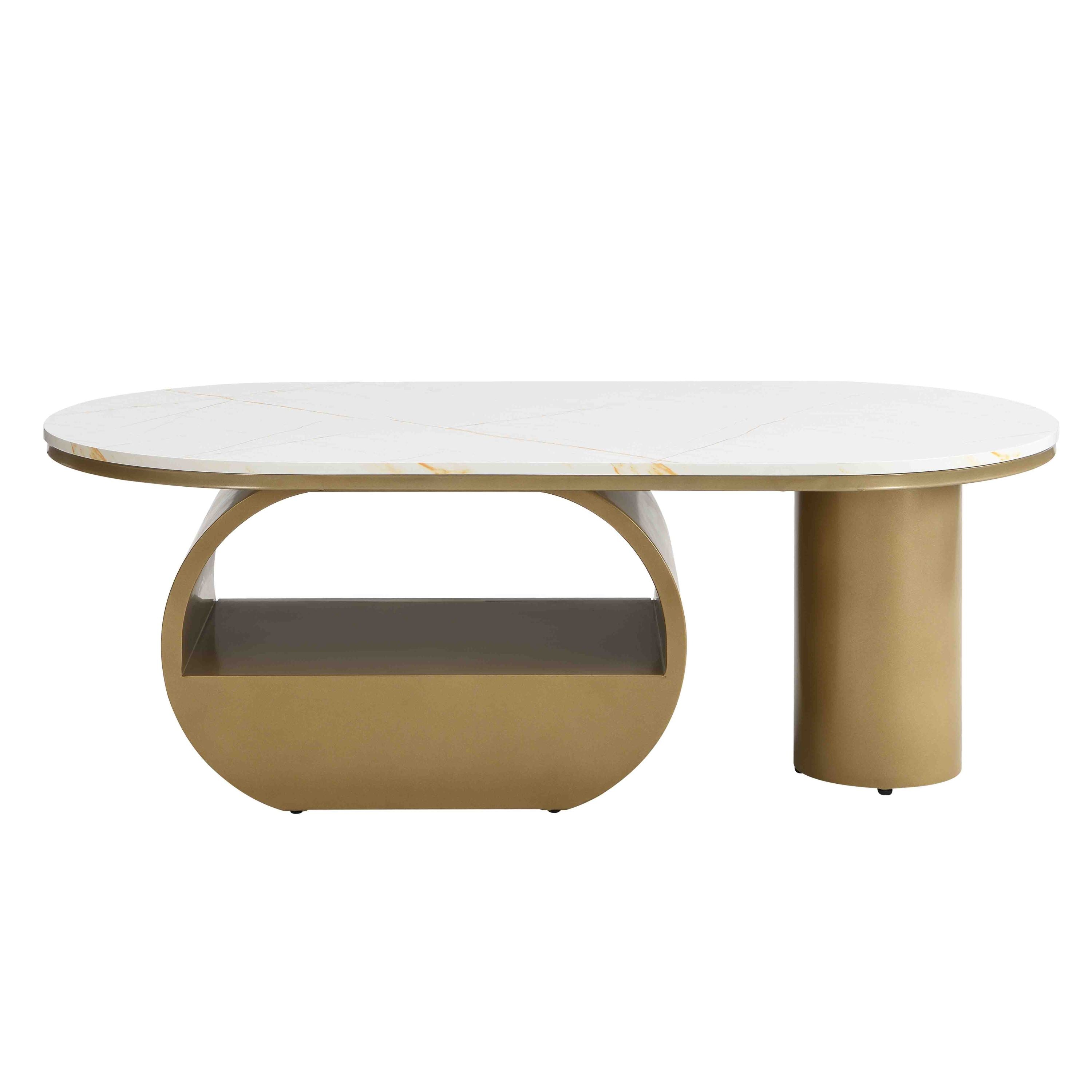 Luxury Modern Oval Coffee Table, 47.24'' Coffee Table with Storage Drawer, Faux Marble Top, Golden Metal Center Table for Living Room