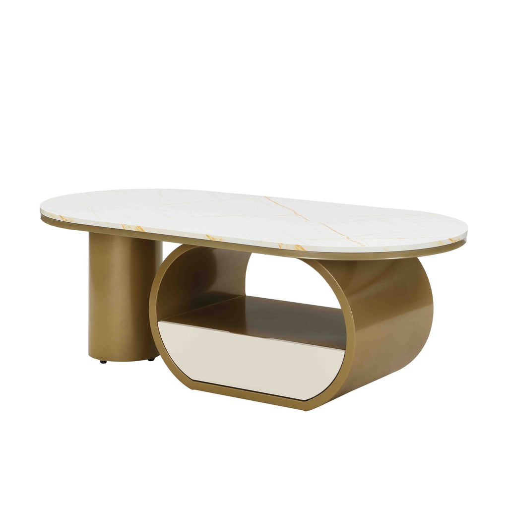 Luxury Modern Oval Coffee Table, 47.24'' Coffee Table with Storage Drawer, Faux Marble Top, Golden Metal Center Table for Living Room