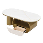 Luxury Modern Oval Coffee Table, 47.24'' Coffee Table with Storage Drawer, Faux Marble Top, Golden Metal Center Table for Living Room