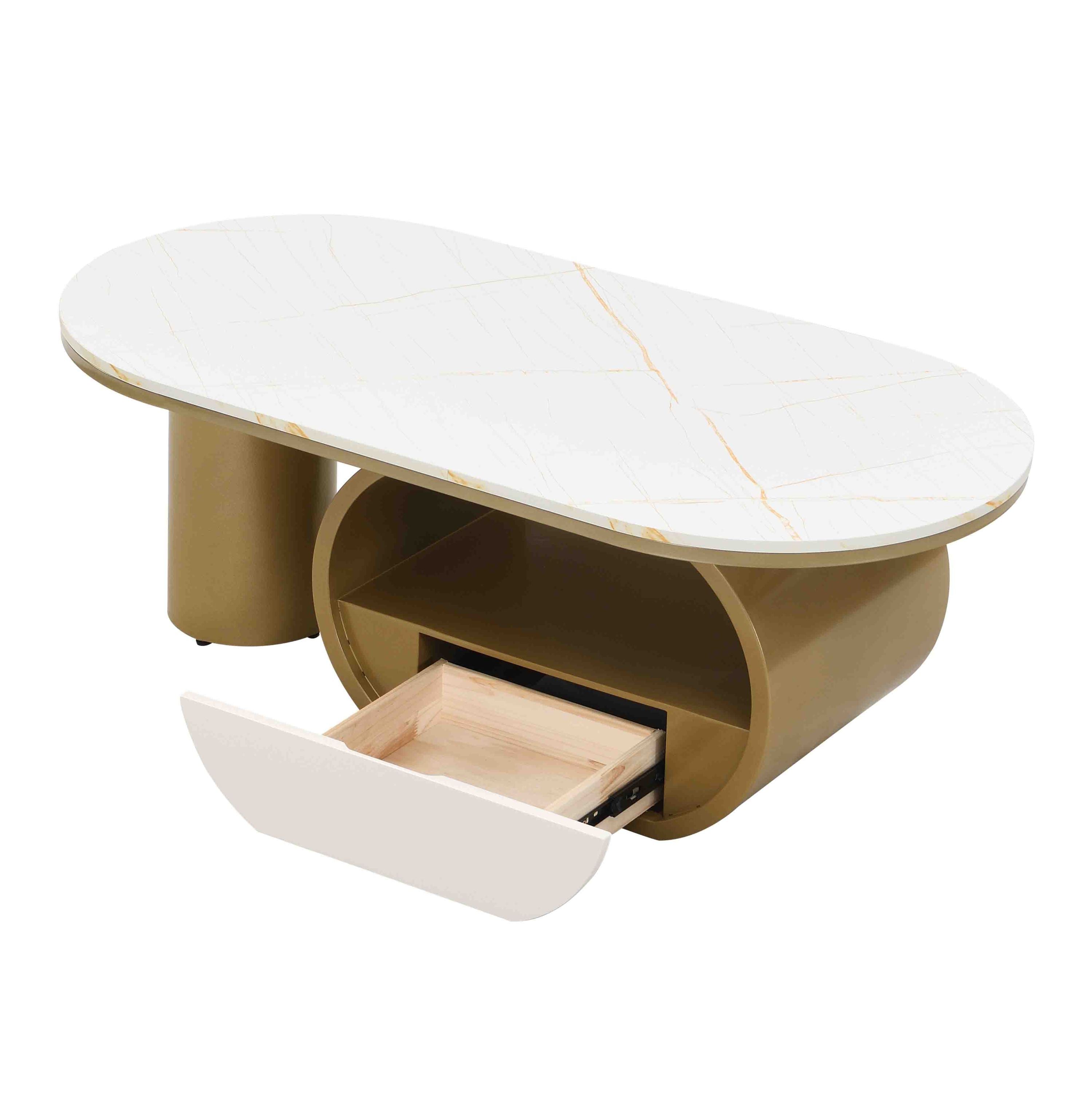 Luxury Modern Oval Coffee Table, 47.24'' Coffee Table with Storage Drawer, Faux Marble Top, Golden Metal Center Table for Living Room