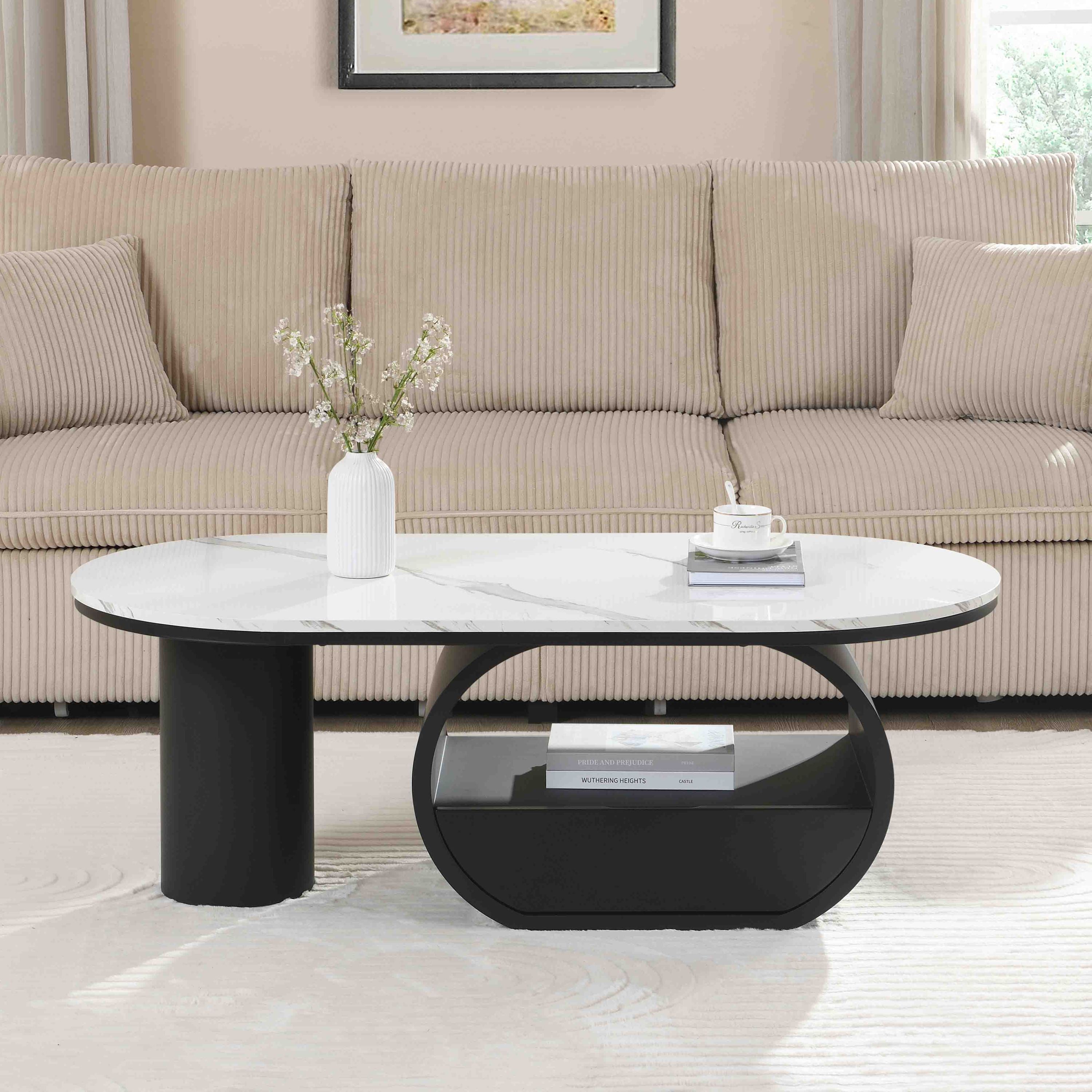 Luxury Modern Oval Coffee Table, 47.24'' Coffee Table with Storage Drawer, Faux Marble Top, Black Metal Center Table for Living Room