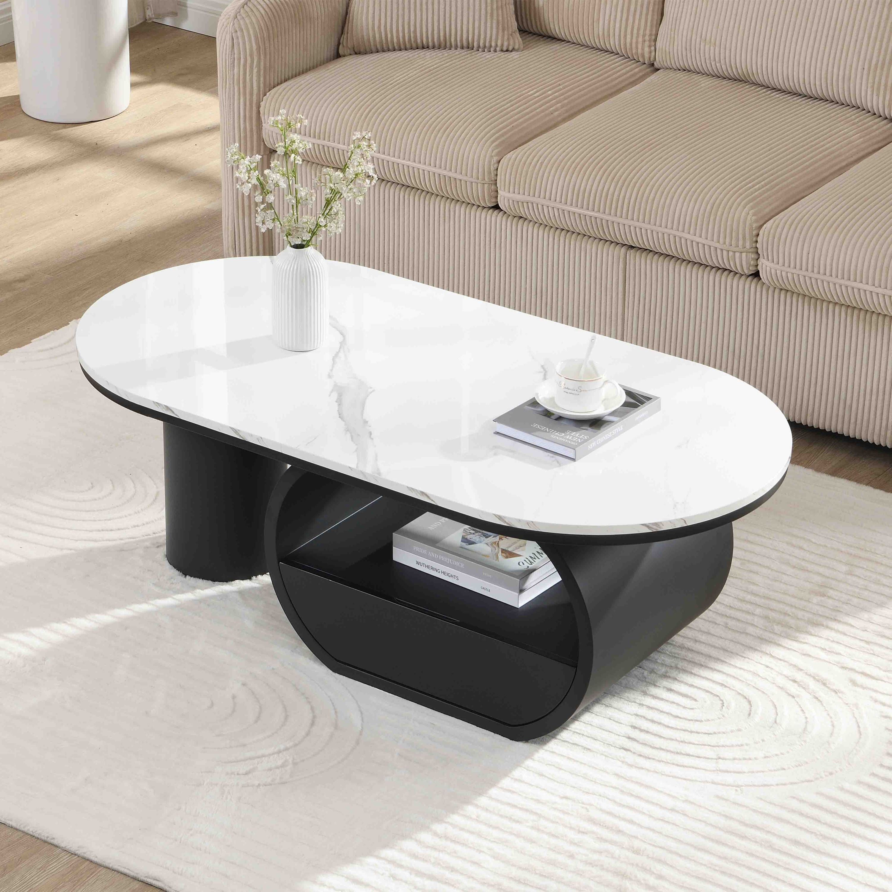 Luxury Modern Oval Coffee Table, 47.24'' Coffee Table with Storage Drawer, Faux Marble Top, Black Metal Center Table for Living Room
