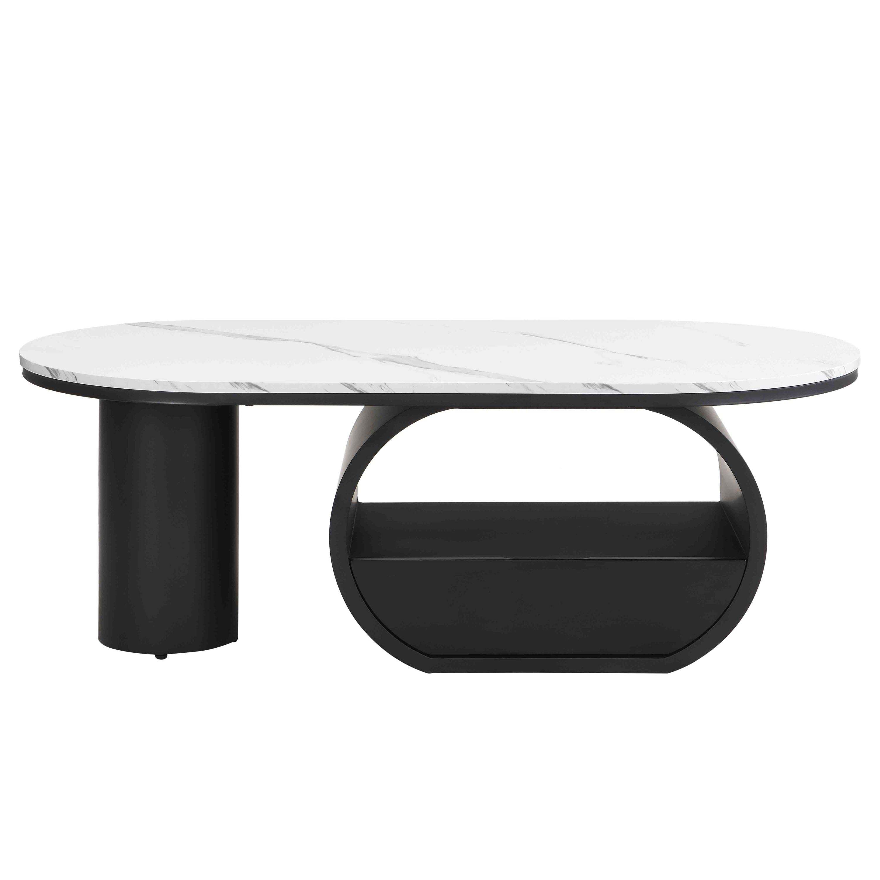Luxury Modern Oval Coffee Table, 47.24'' Coffee Table with Storage Drawer, Faux Marble Top, Black Metal Center Table for Living Room